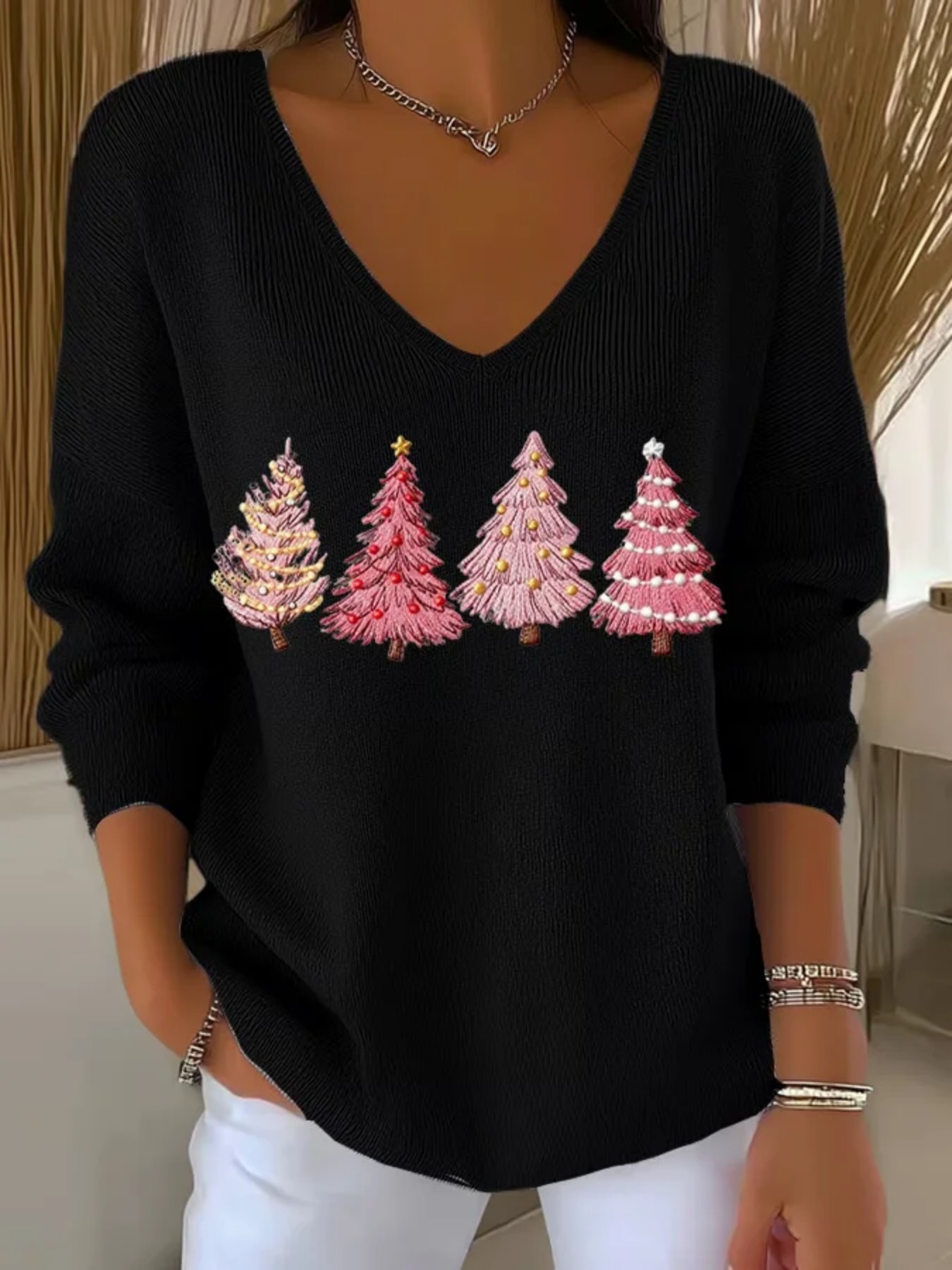 Christmas Tree Ribbon Print V-Neck Long-Sleeve T-Shirt