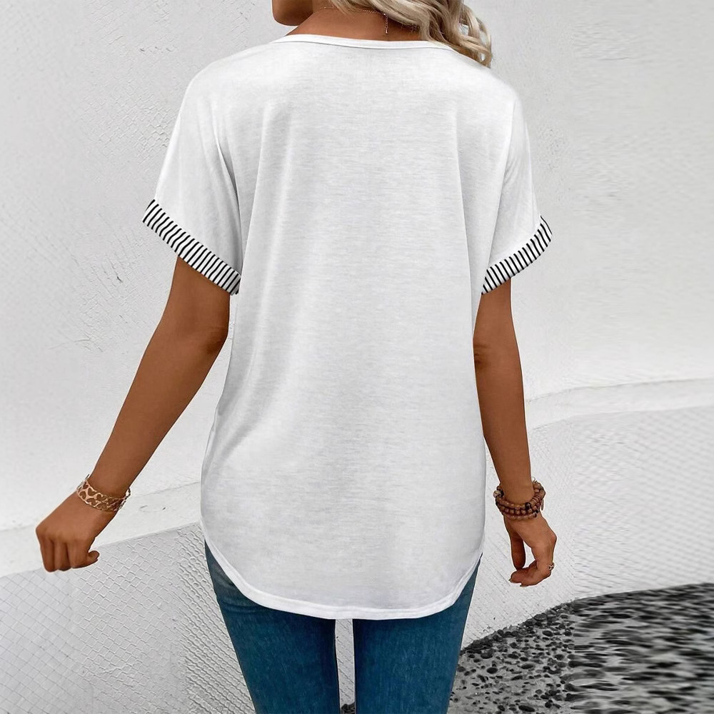V-Neck Short Sleeve Solid Color Loose Fit Top