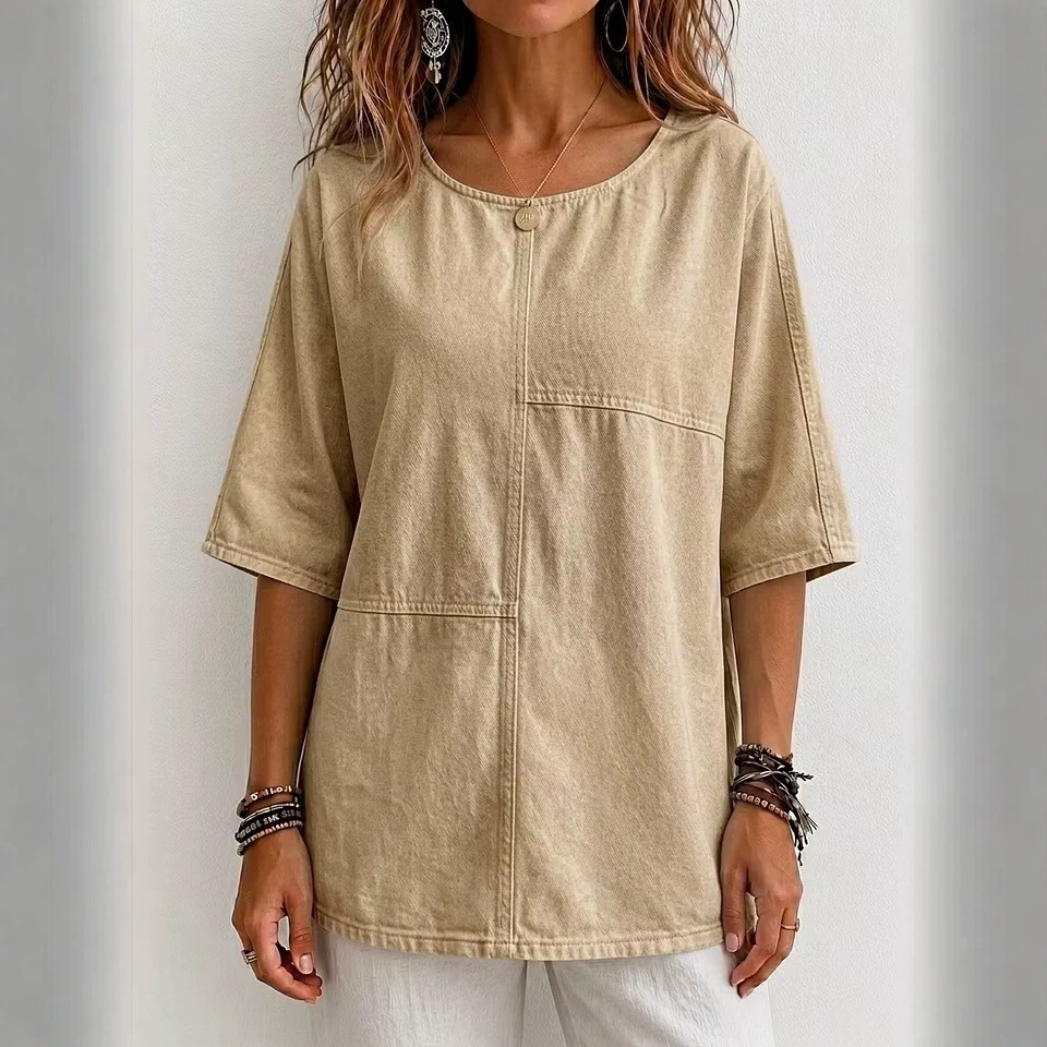Women's Mid-Sleeve Patchwork Denim Top Casual T-Shirt