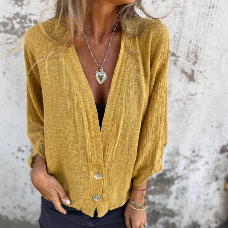 Women's Loose V-Neck Cotton-Linen T-Shirt Casual Long Sleeve
