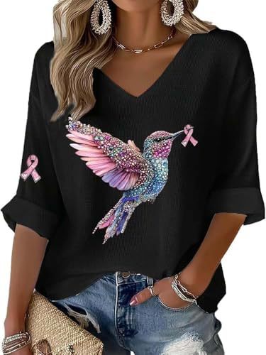 Women's Bird Sparrow Ribbon Print V-Neck Half-Sleeve T-Shirt