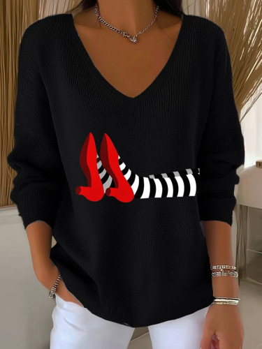 Maple Leaf Print V-Neck Long Sleeve T-Shirt