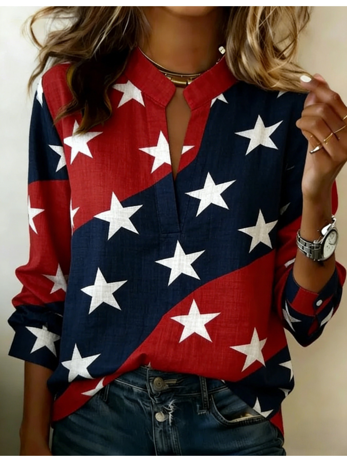 American Flag Print V-Neck Long-Sleeve T-Shirt