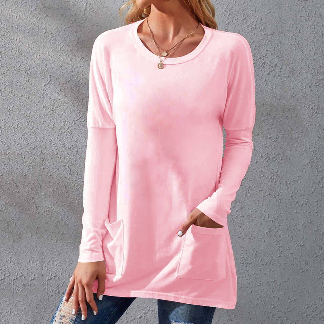 Women's Loose Fit Crewneck Short Sleeve Pocket Solid Midi T-Shirt