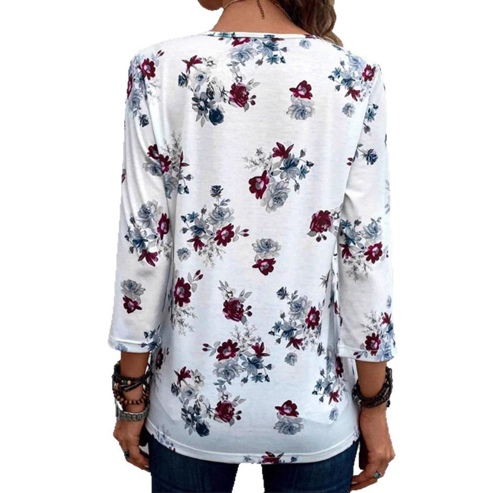 Women's V-Neck Floral Print Top Casual Pullover
