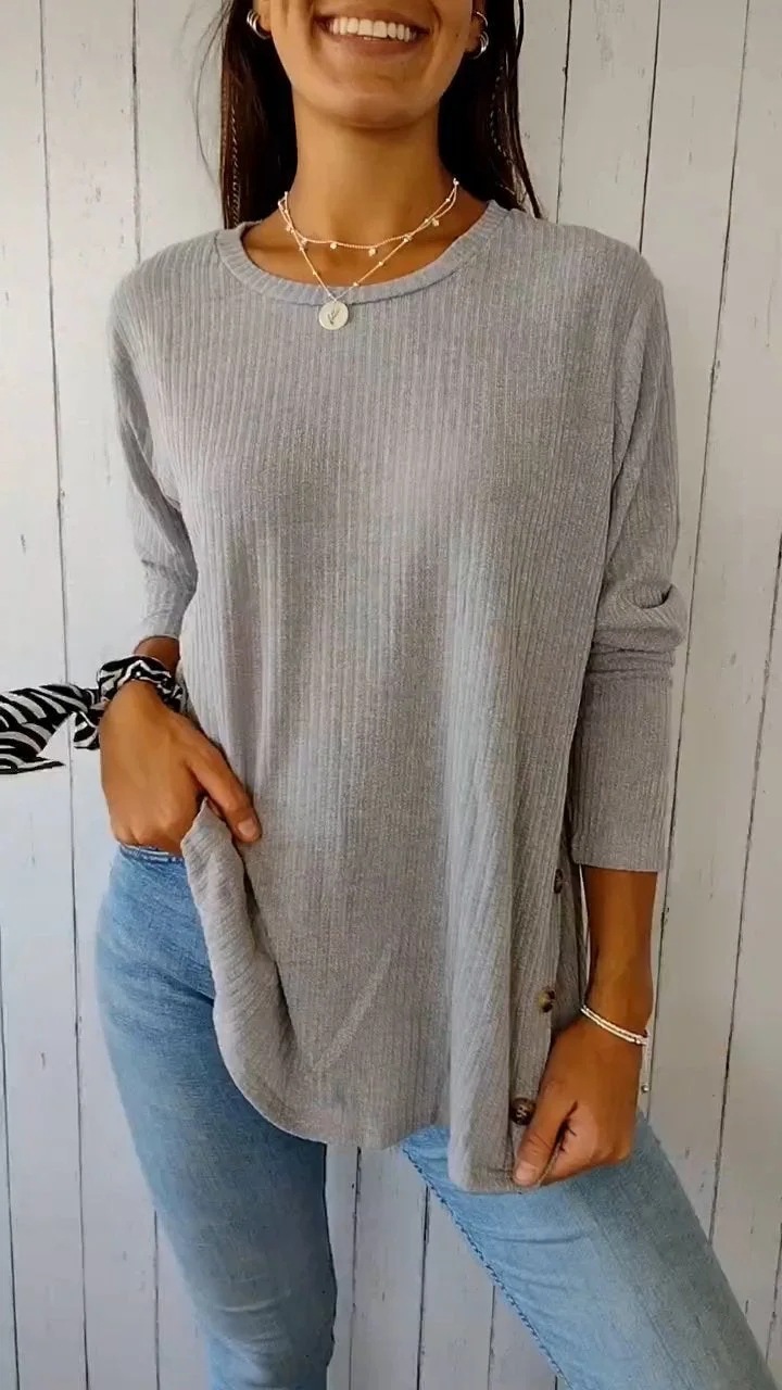 Ribbed Knit Button-Detail Crewneck Long-Sleeve Top