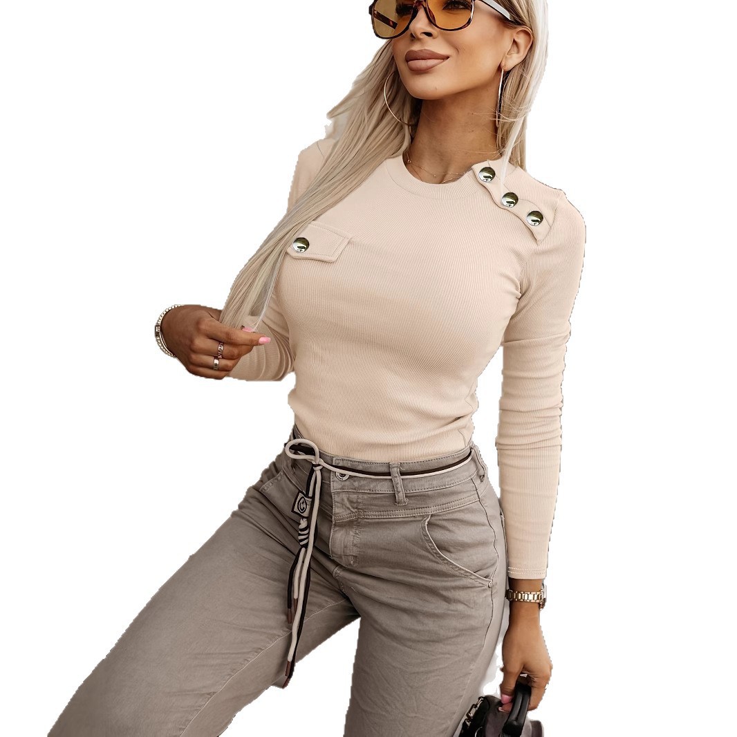 Elegant Women's T-Shirt Slim Fit Short Sleeve Crew Neck Button Detail