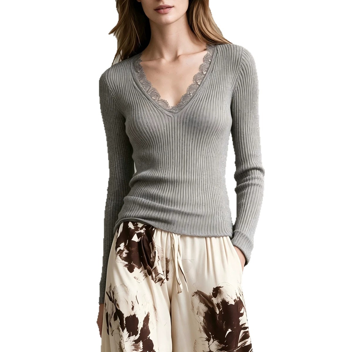 Women's French Lace Panel V-Neck Stretch Slim Fit Top