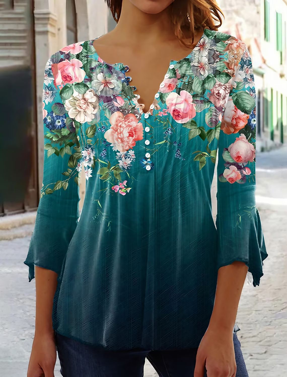 Floral Print V-Neck Short Sleeve Pleated Button T-Shirt