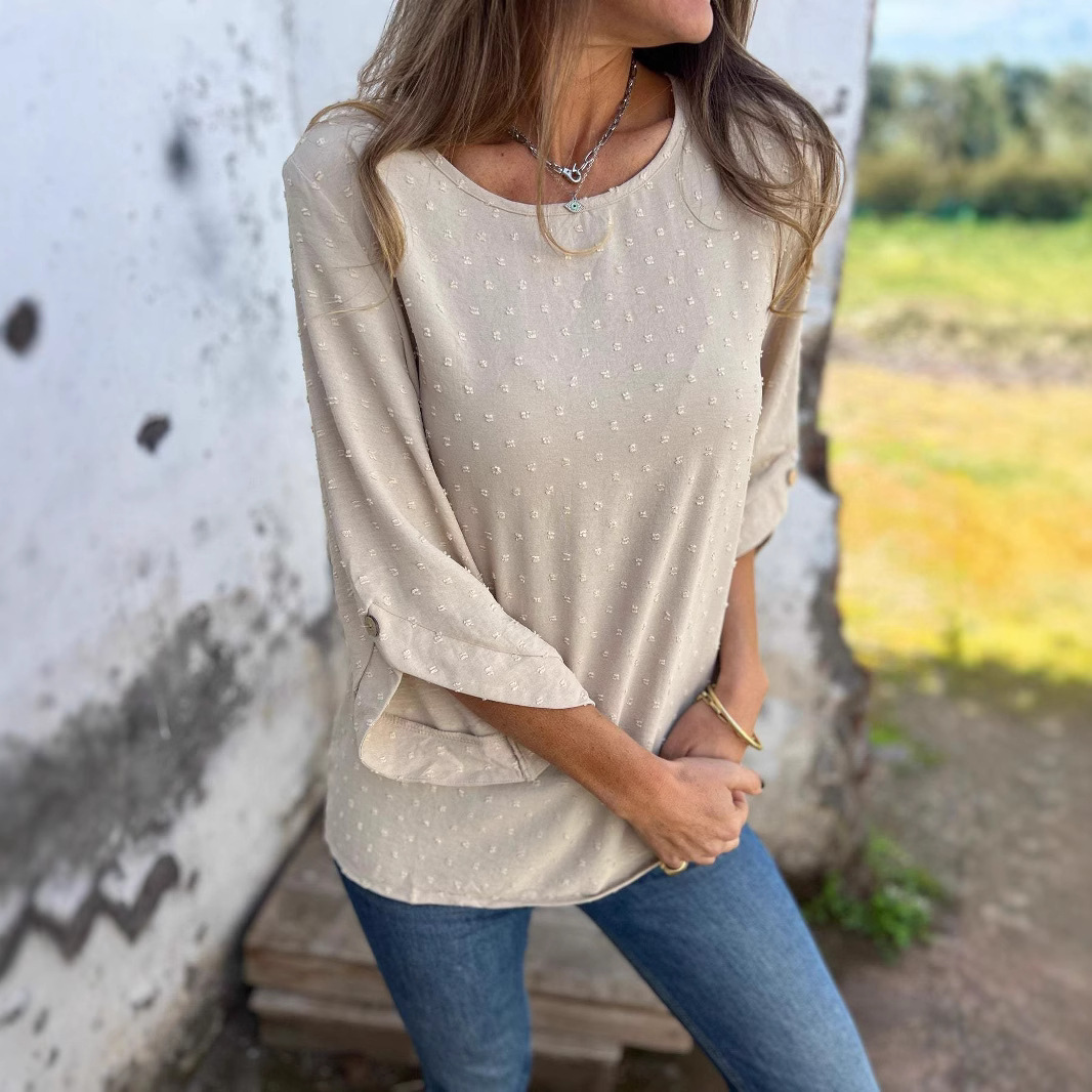 Women's Spring Autumn Round Neck Jacquard Chiffon Loose Fit Casual Top T-Shirt