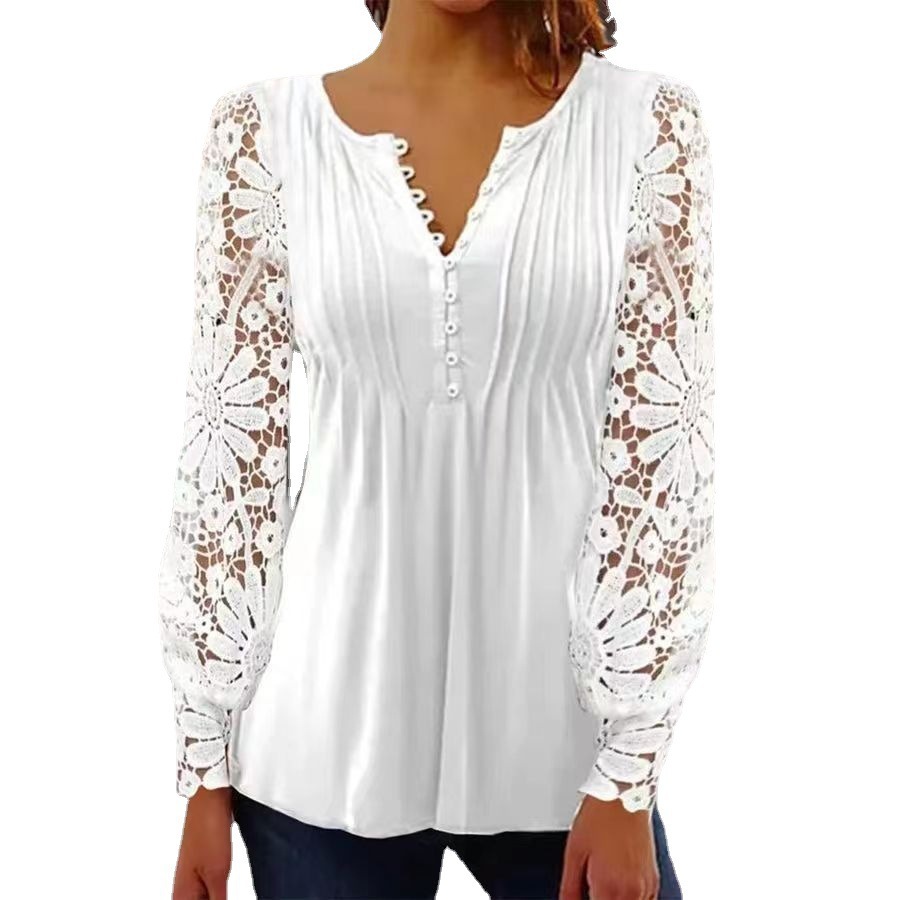Women's Lace Trim Pleated Solid Button T-Shirt