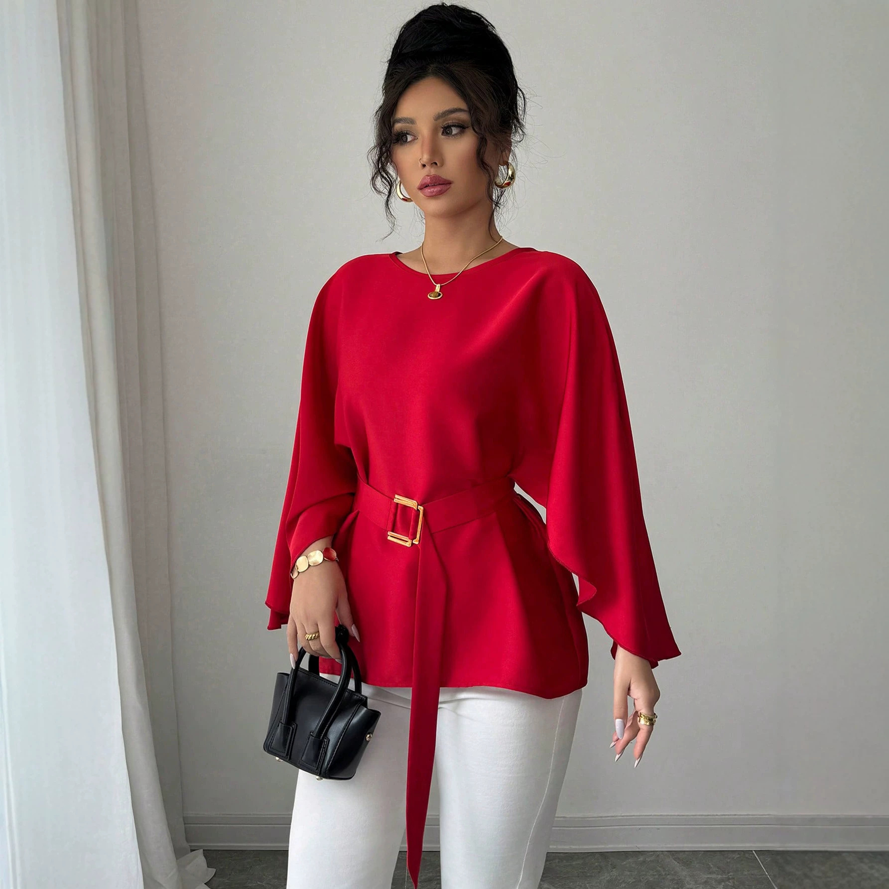 French Vintage Ruffle Sleeve Round Neck Slimming Top
