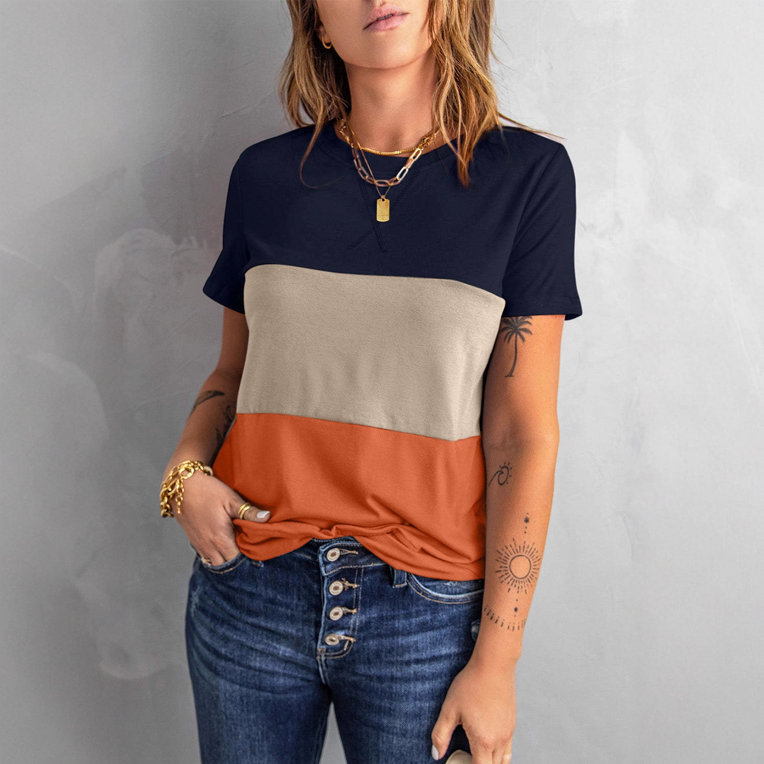 Women's Colorblock Short Sleeve T-Shirt Oversized Cotton Crew Neck