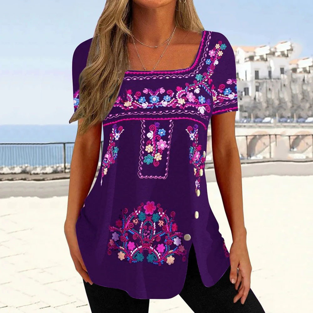 Women's Printed Button Slit Short Sleeve T-Shirt