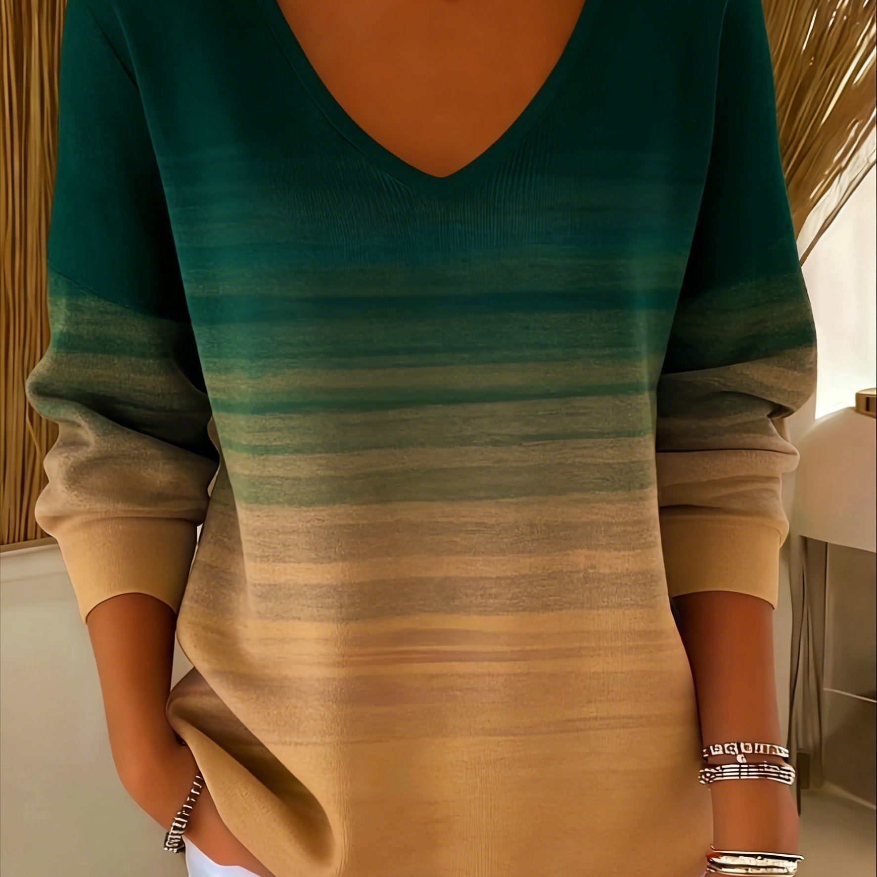 Colorful Leaf Striped V-Neck Long-Sleeve T-Shirt for Women
