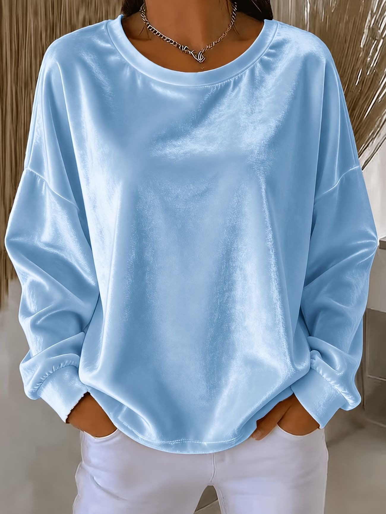 Women's Velvet Long Sleeve Crewneck T-Shirt Solid Color Loose Fit