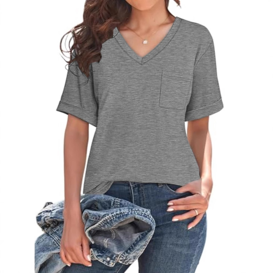 Women's Loose V-Neck Short Sleeve Pocket Solid T-Shirt
