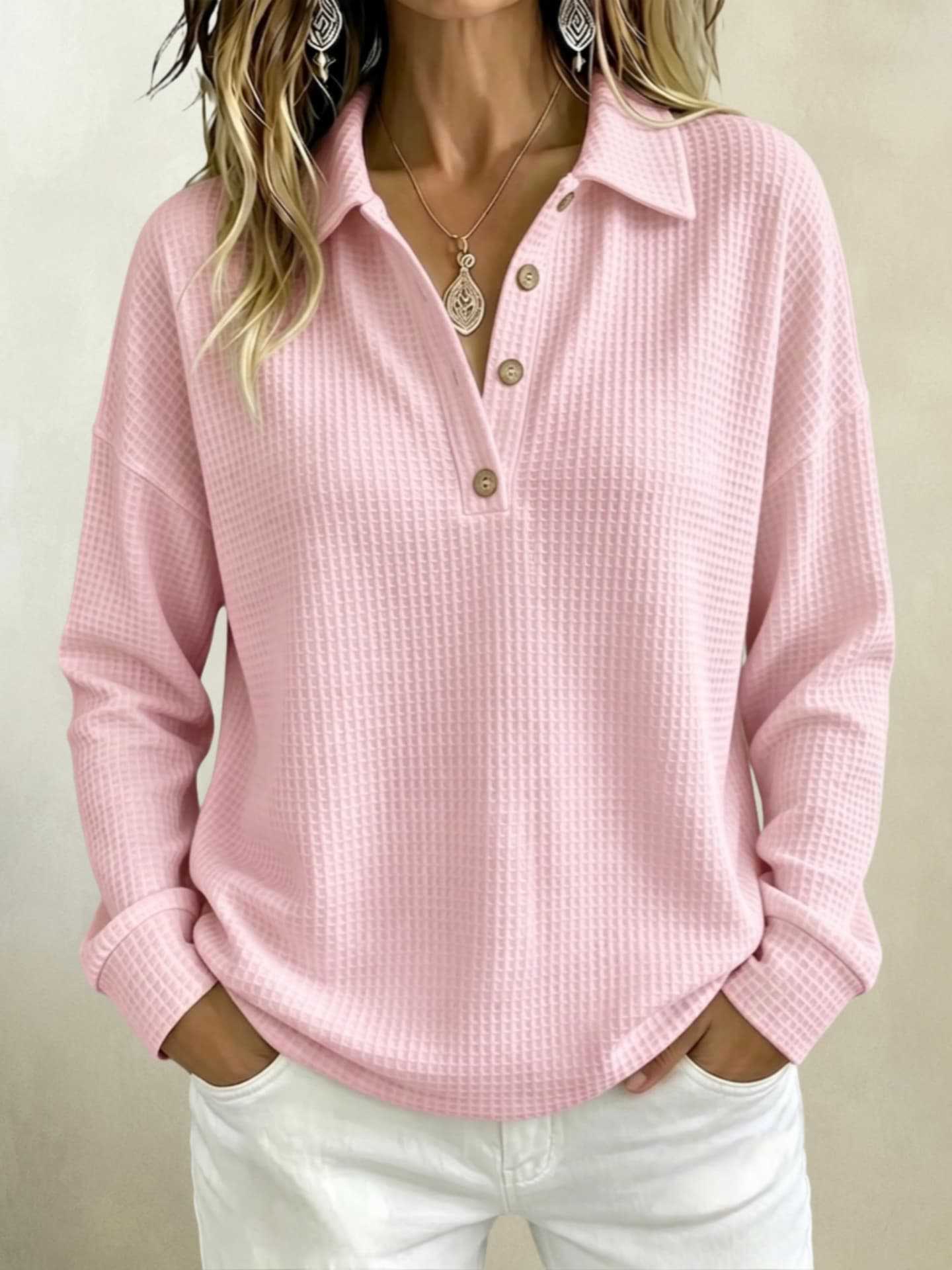 Waffle Knit Polo Collar Long Sleeve Top for Women Loose Half-Button Solid Color Henley Tee