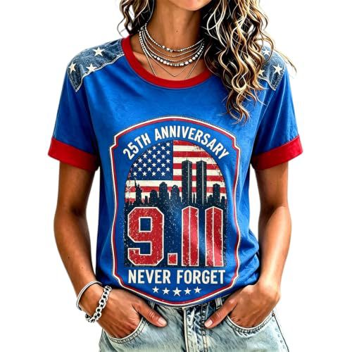 911 Twin Towers Ribbon Flag Print Short Sleeve T-Shirt
