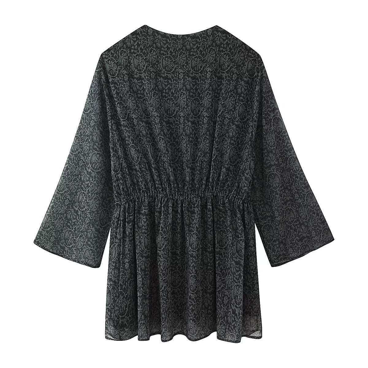 Metallic Print V-Neck Loose Fit Short Dress