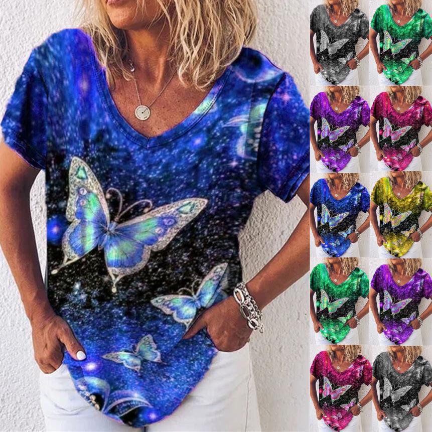 Women's V-Neck Butterfly Print Short Sleeve T-Shirt