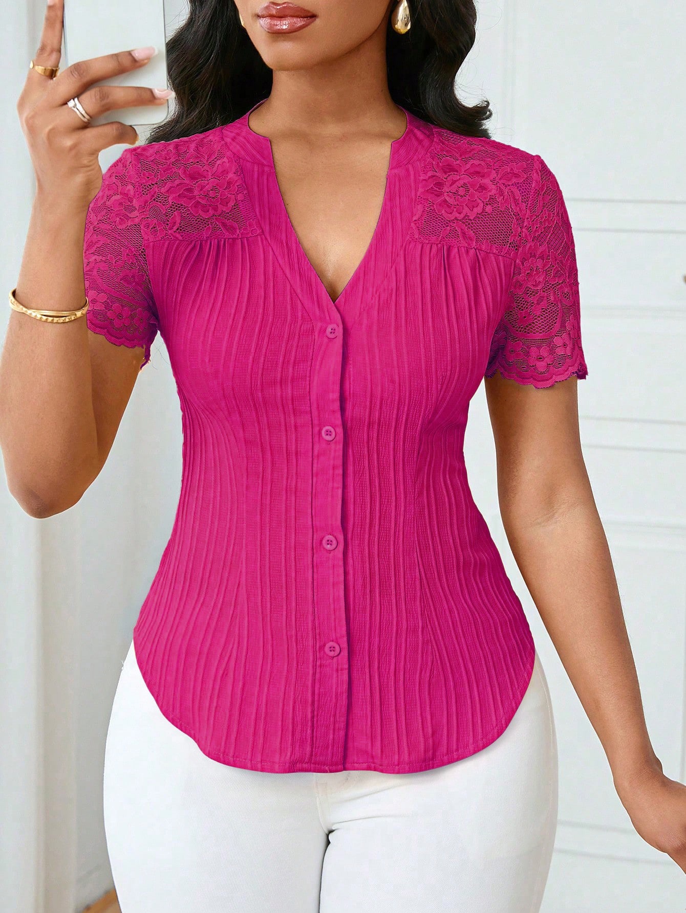 Women's Slim Fit Embroidered Cutout Short Sleeve Top