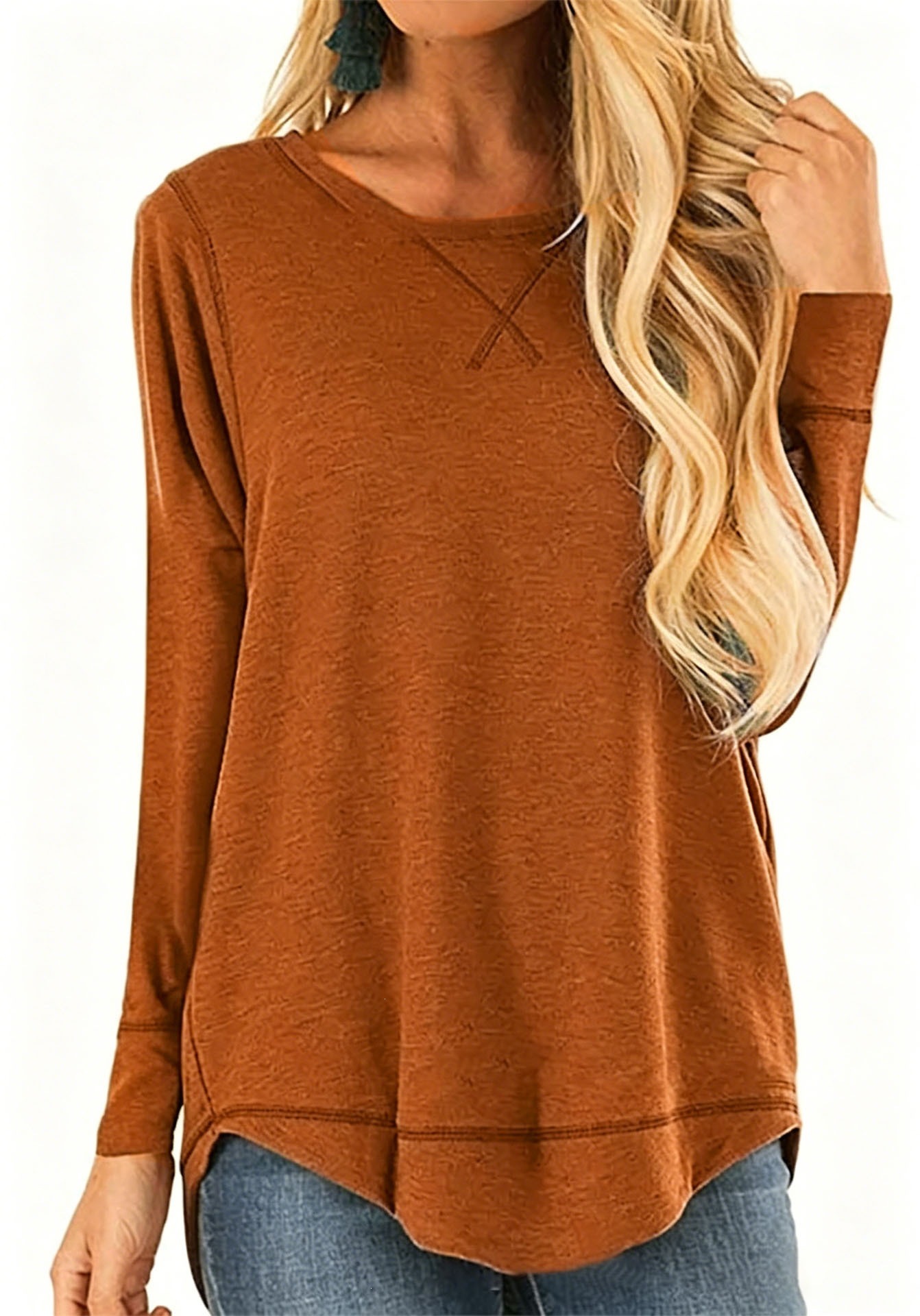 Women's Crewneck Long Sleeve T-Shirt Solid Loose High-Low Hem Casual Top