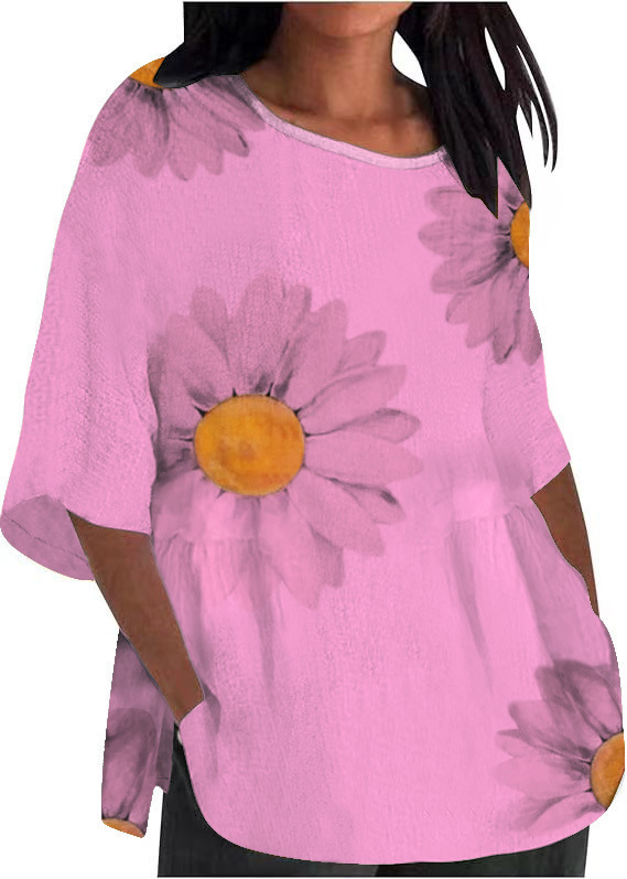 Chrysanthemum Print Round Neck 3/4 Sleeve T-Shirt for Women