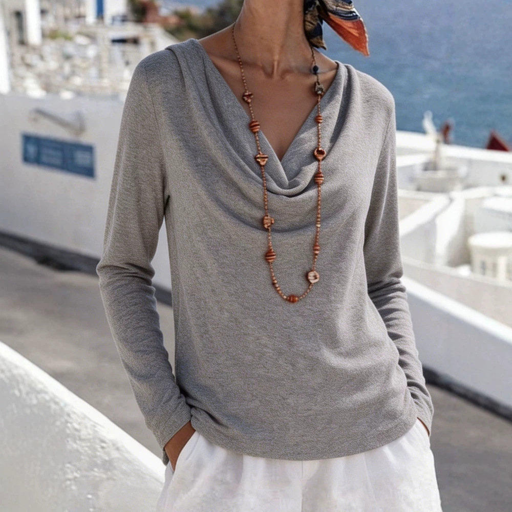 Women's Casual Loose Solid Color Cowl Neck Long Sleeve Pullover Top