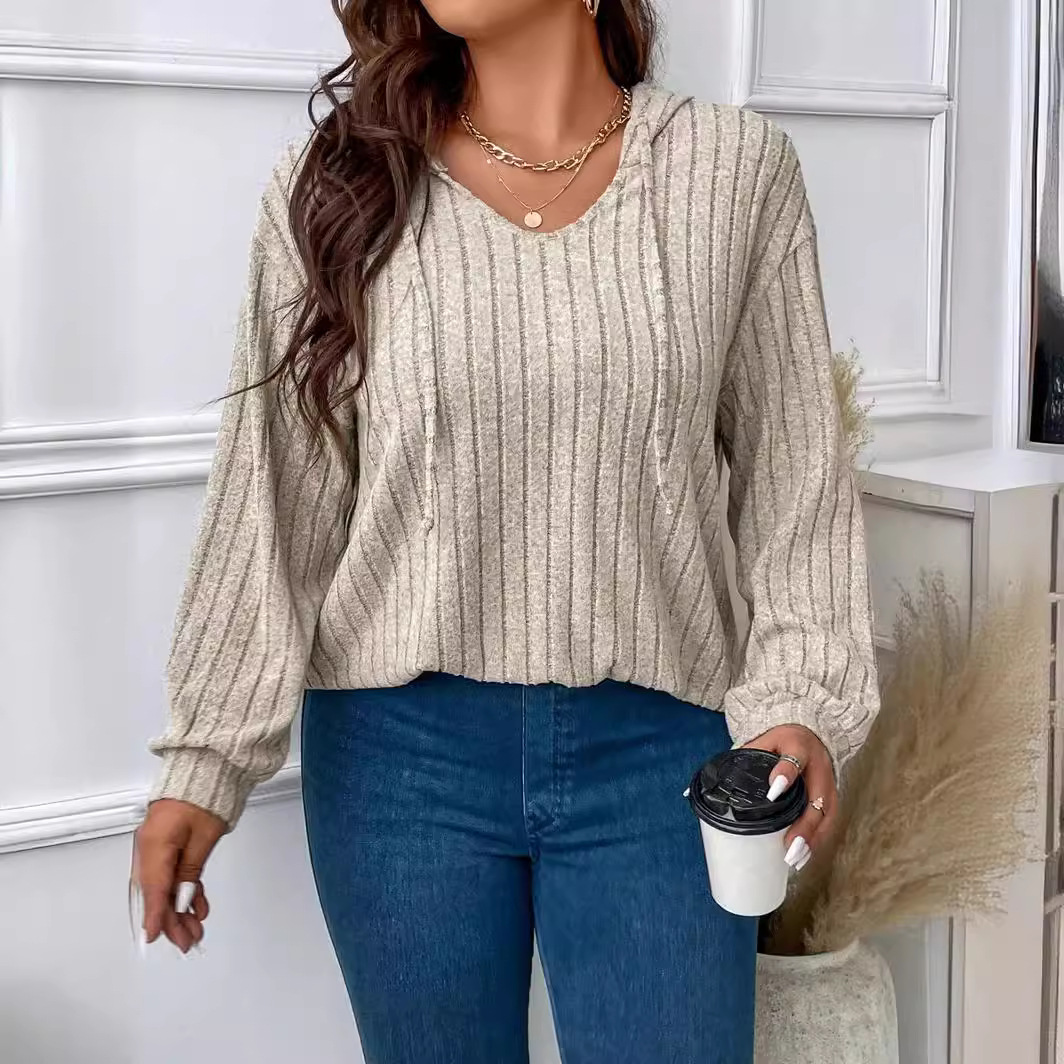 Women's Plus Size V-Neck Hooded Long Sleeve Ribbed Brushed T-Shirt Loose Fit