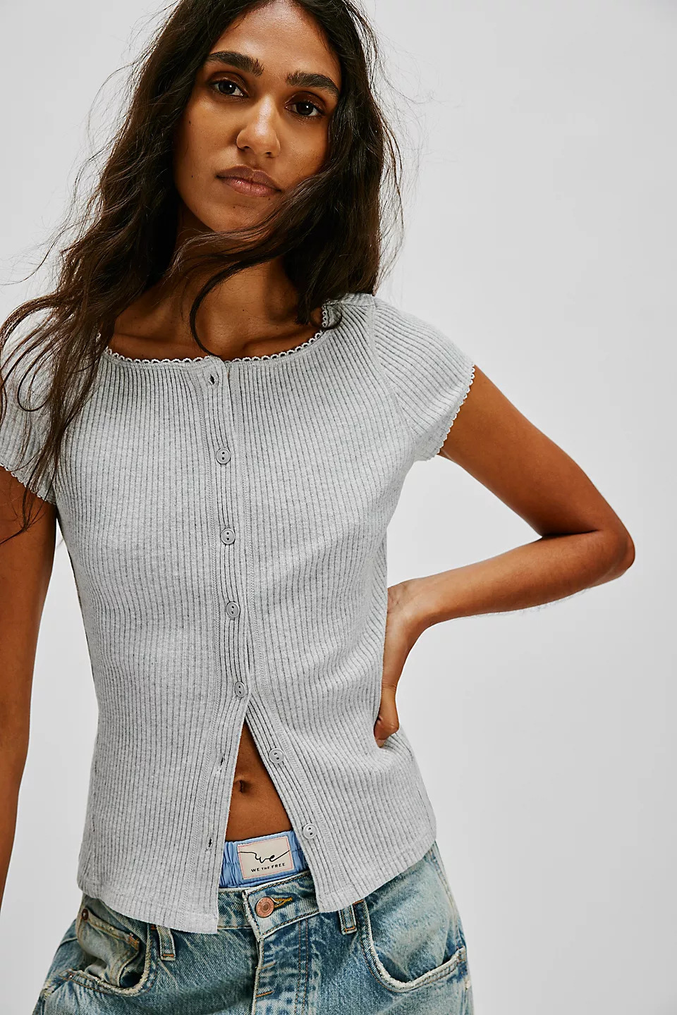 Sexy Ribbed Button-Front Short-Sleeve Cardigan Top Solid Color T-Shirt for Women