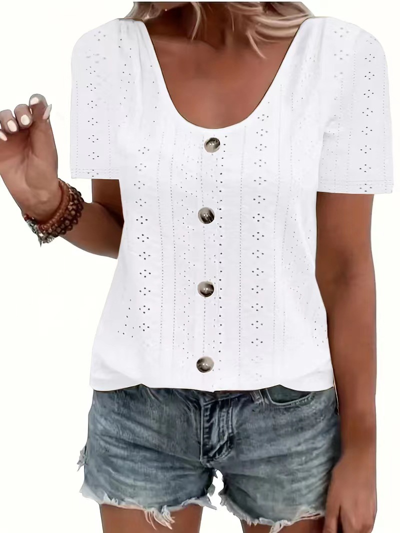 Crewneck Loose Single-Breasted Jacquard Short-Sleeve T-Shirt