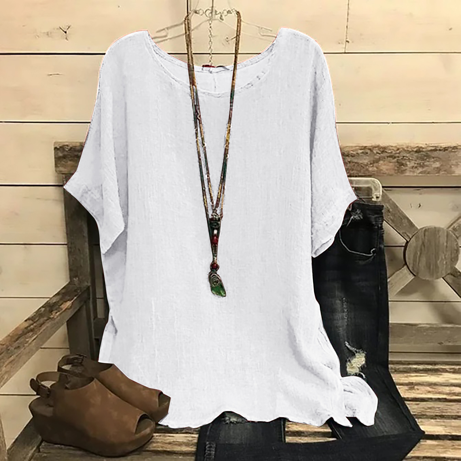 Women's Casual Loose Short Sleeve Solid Color Split Hem Round Neck Top