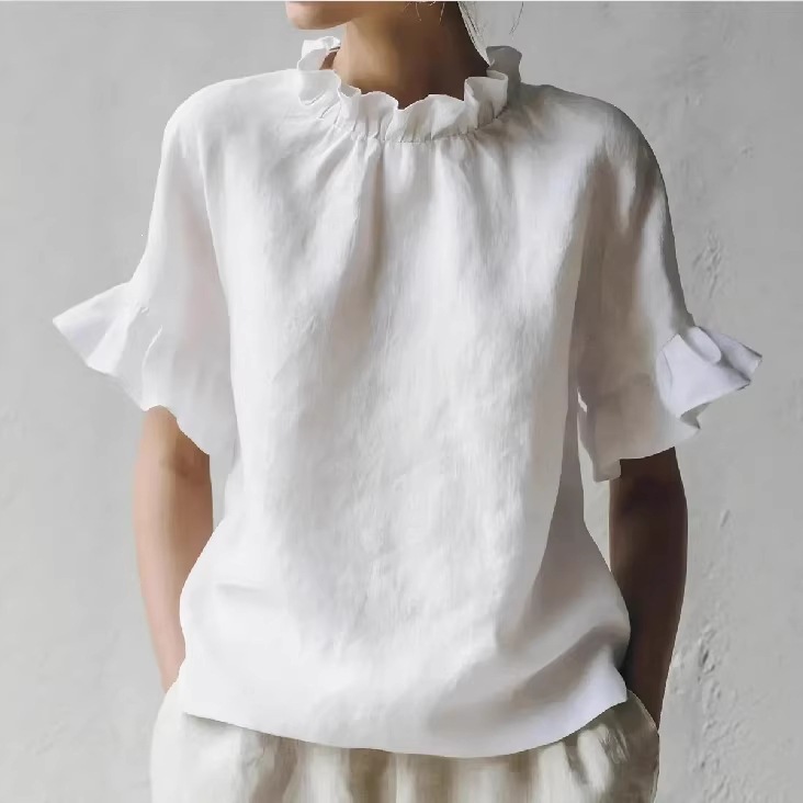 French Vintage Ruffle Ruched Crew Neck Cotton Linen Short Sleeve Top