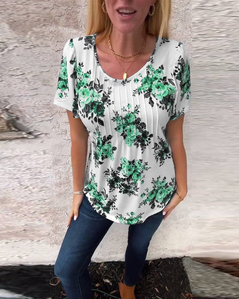 Bohemian Floral Print Short Sleeve Crew Neck T-Shirt