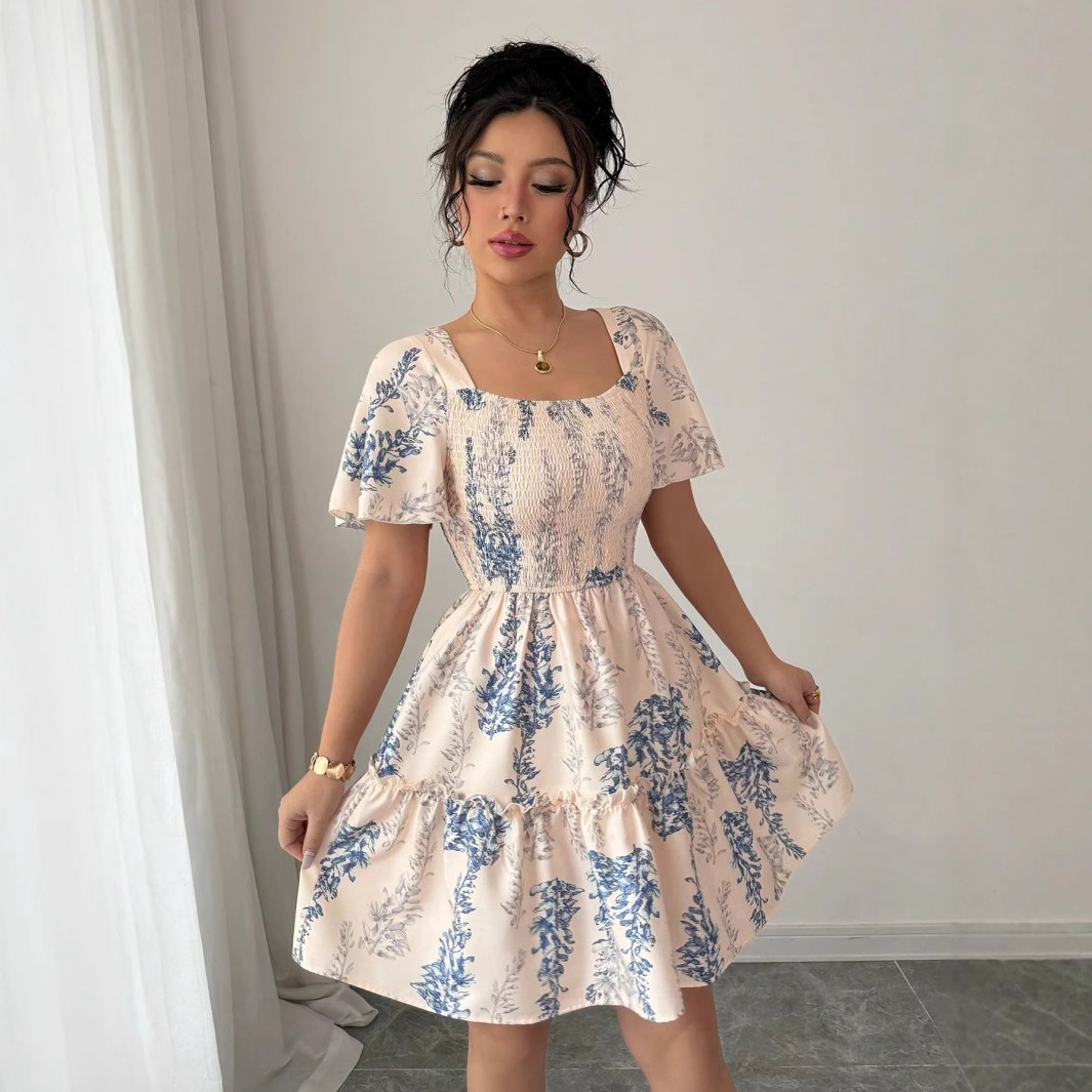 Women's Short Sleeve Boho Floral Off-Shoulder Adjustable Dress