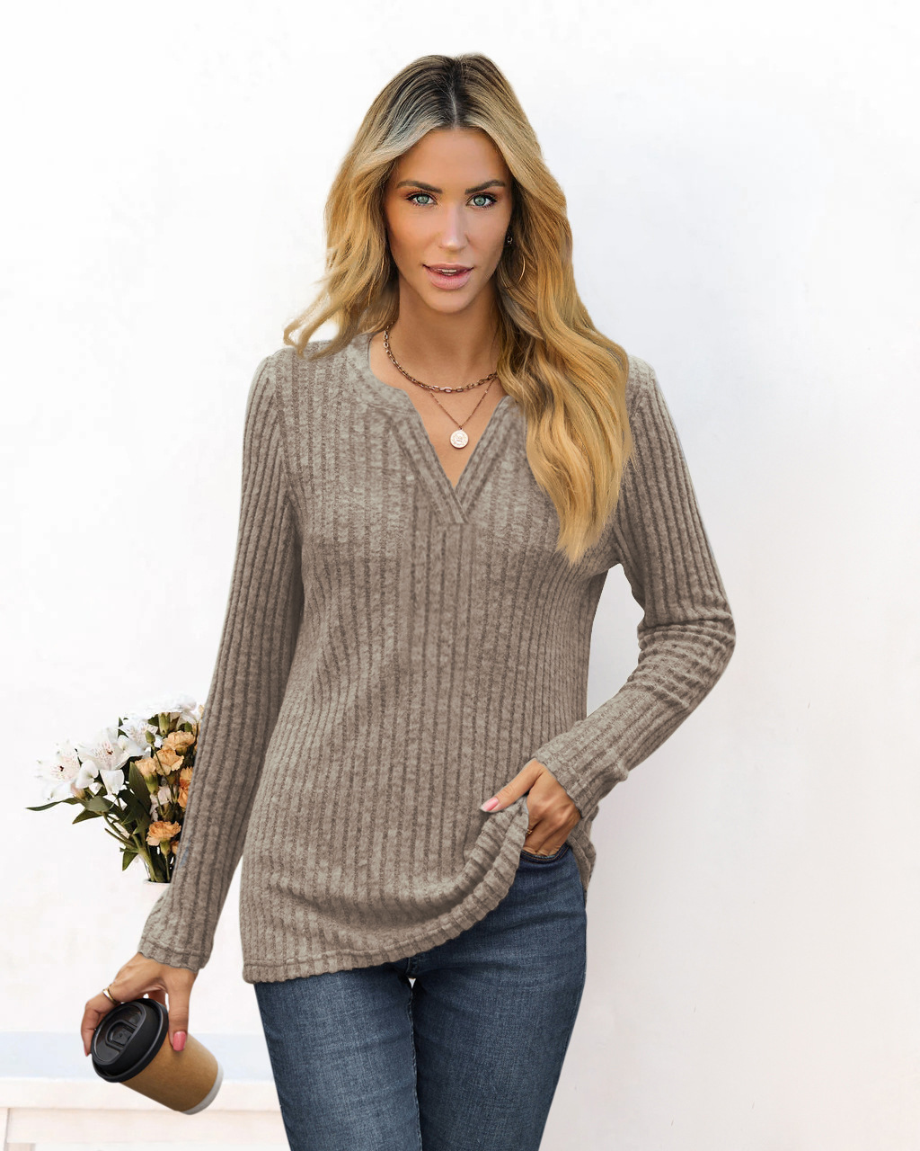 Women's Solid V-Neck Loose Long-Sleeve T-Shirt