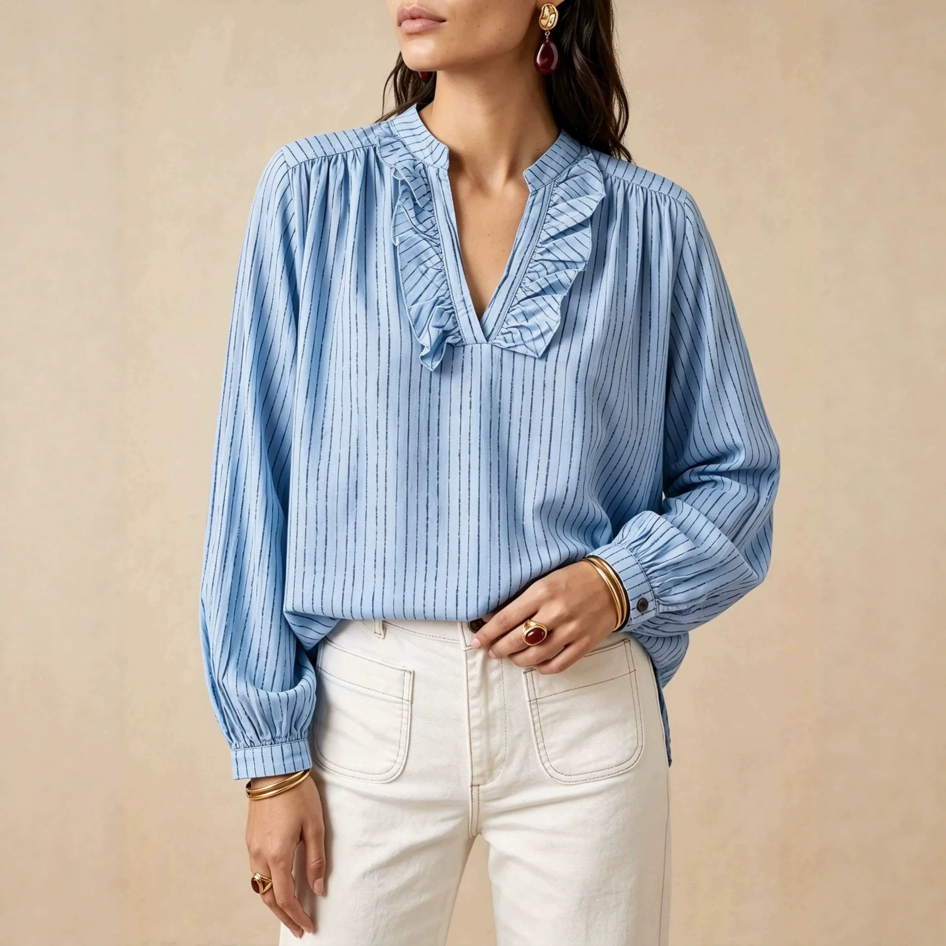 Ruffle V-Neck Long Sleeve Striped Women's Shirt