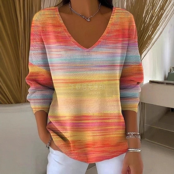 Colorful Leaf Striped V-Neck Long-Sleeve T-Shirt for Women