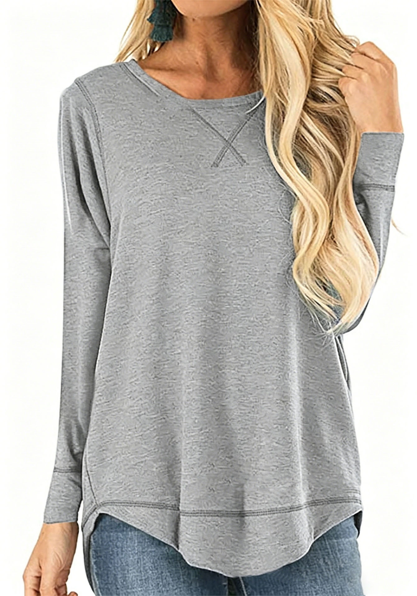 Women's Crewneck Long Sleeve T-Shirt Solid Loose High-Low Hem Casual Top