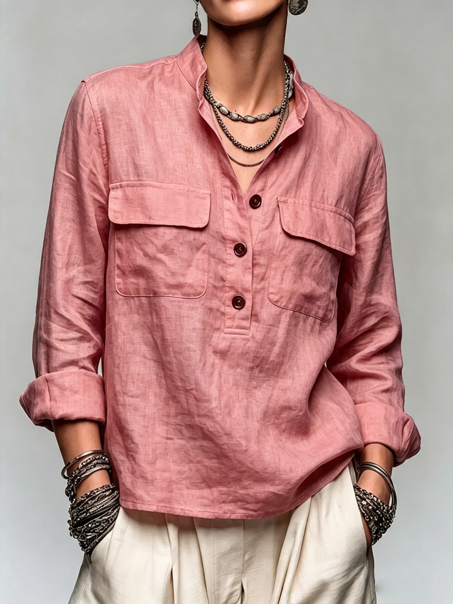 Women's Retro Stand Collar Button Pocket Loose Long Sleeve Pullover Shirt