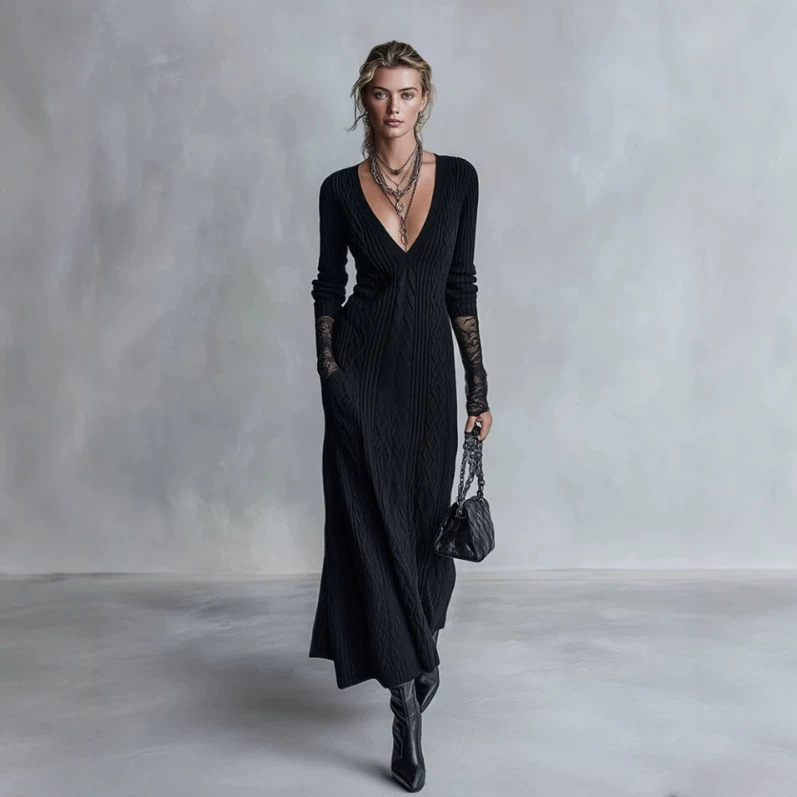 Elegant Black Lace Cuff Long Dress with V-Neck