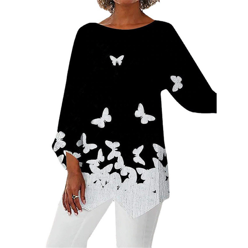 Geometric Floral Print Long Sleeve Patchwork Round Neck Shirt