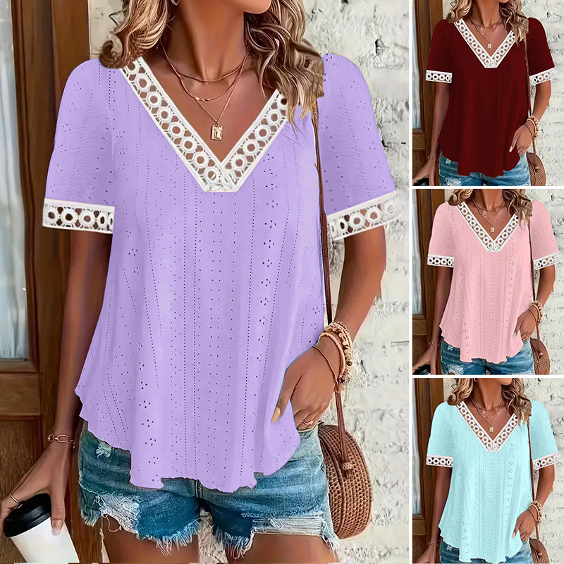 Women's V-Neck Hollow-Out Knit Lace-Panel Short-Sleeve T-Shirt