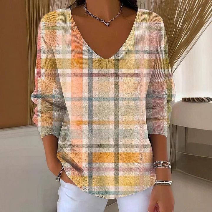 Dinosaur Floral Plaid V-Neck Long-Sleeve T-Shirt