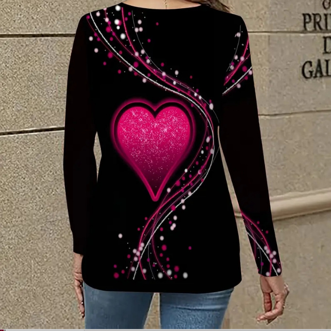 Women's Heart Print Long Sleeve V-Neck T-Shirt