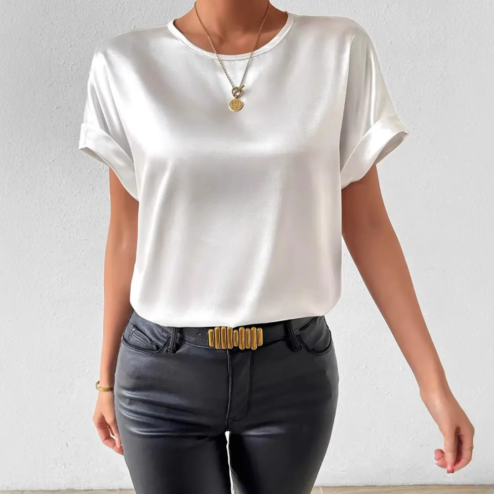 Women's Elegant Solid Crewneck Short Sleeve Top