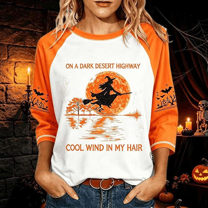 Women's Witch on Flying Broom Halloween Print Crewneck Top