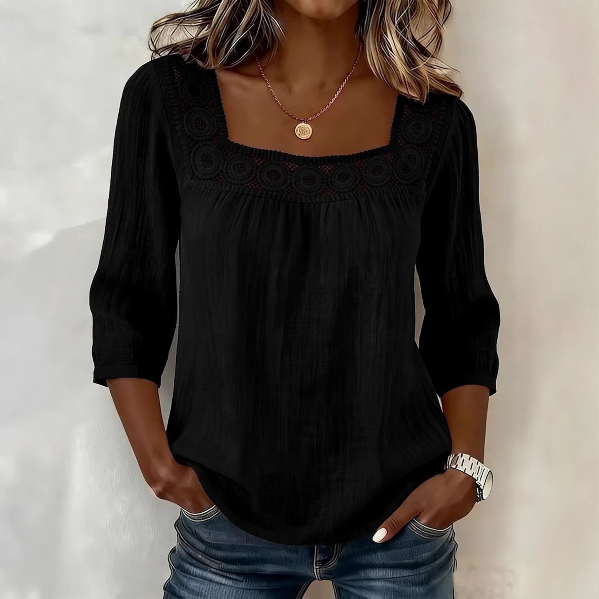 Women's Summer Square Neck Lace Trim 3/4 Sleeve Cotton Linen Top