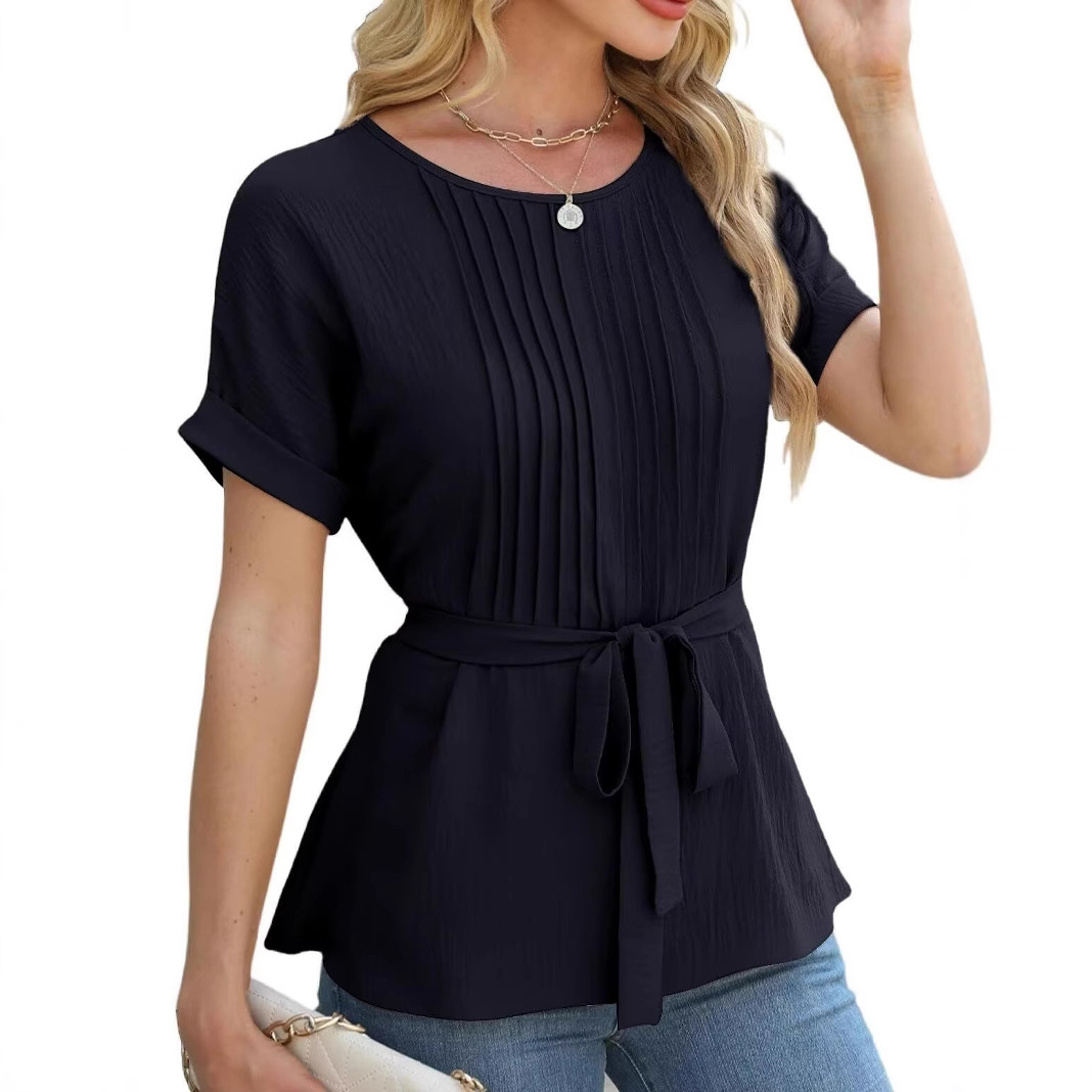 Women's Ruffle Trim Crewneck Short Sleeve Blouse